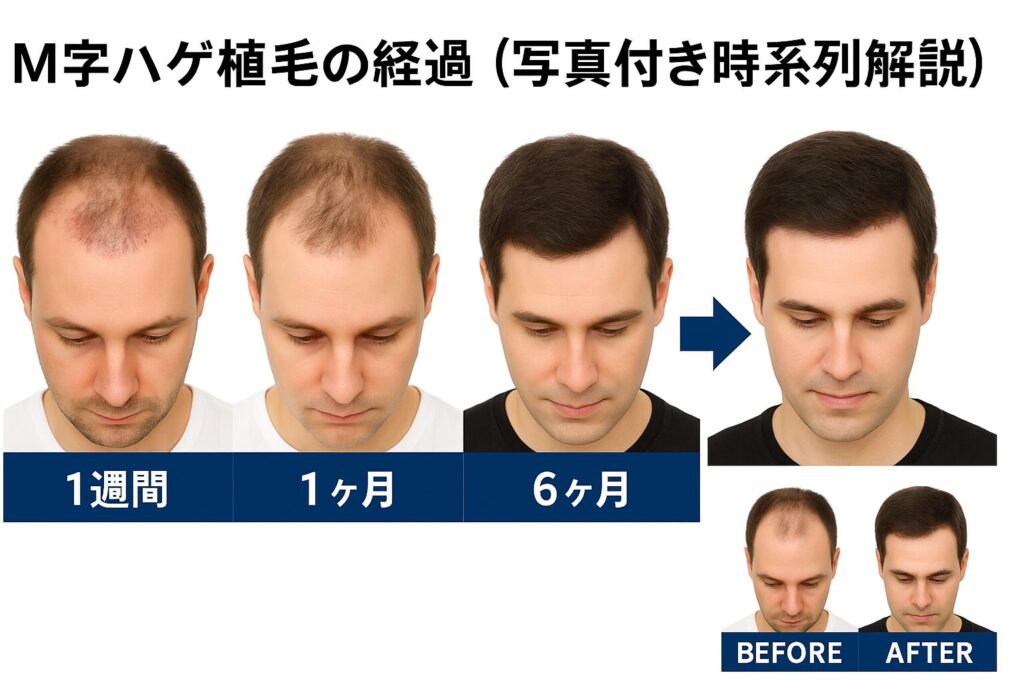 M字ハゲ植毛の経過（写真付き時系列解説）」「術後1年のビフォーアフター表