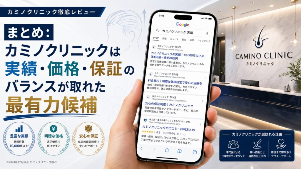 まとめ:カミノクリニックは実績・価格・保証のバランスが取れた最有力候補