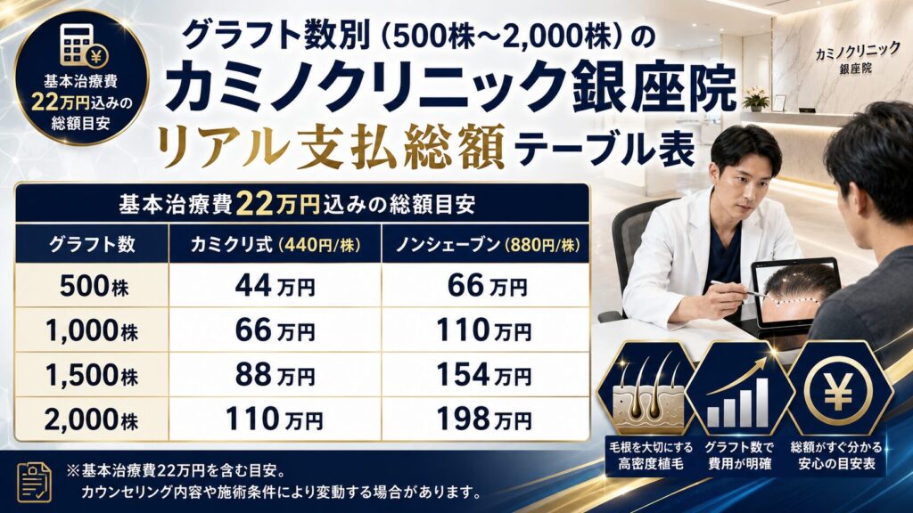 グラフト数別(500株〜2,000株)のカミノクリニック銀座院リアル支払総額テーブル表