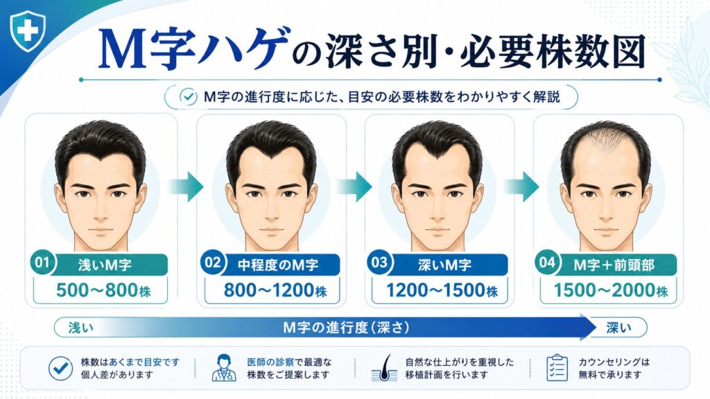 M字ハゲの深さ別・必要株数図