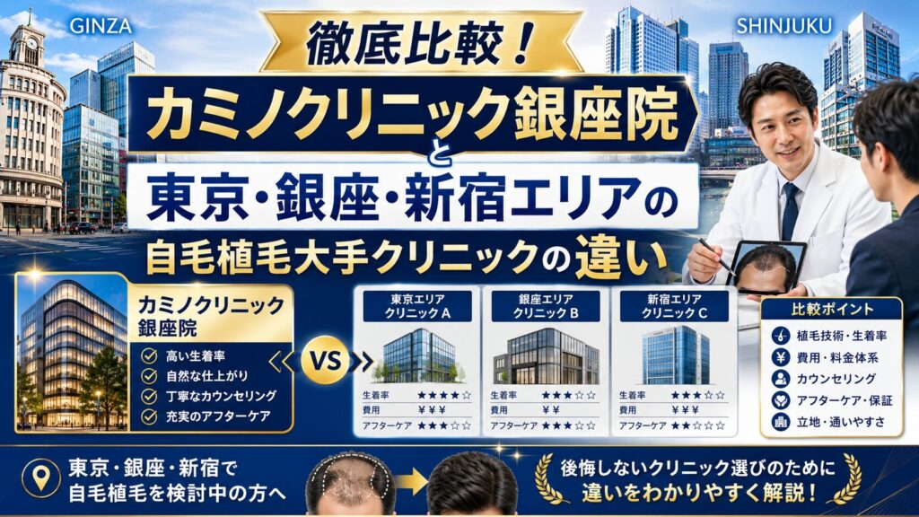 徹底比較!カミノクリニック銀座院と東京・銀座・新宿エリアの自毛植毛大手クリニックの違い