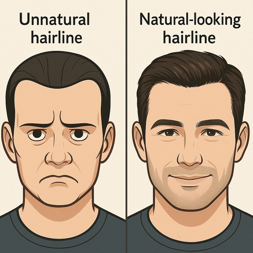 下手な人形のようなヘアラインと、専門家がデザインした自然なグラデーションのヘアラインを比較した画像