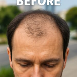 M字の後退に加え、前頭部の既存毛も
細くなり、全体的に地肌が透けている。