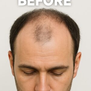 M字が深く切れ込み、生え際全体の密度も低下。