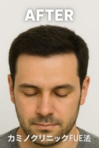 M字部分が完全に埋まり、自然な丸みのあるヘアラインが再構築されている。」のカミノクリニックFUE法のAfter（術後1年）画像