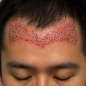 （写真イメージ：M字の生え際に沿って、点状の赤い斑点が密集している状態）