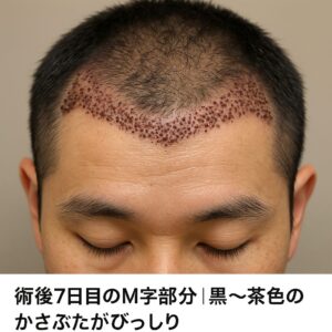 （写真イメージ：術後7日目には、M字部分全体が、細かい黒～茶色のかさぶたで覆われた状態）