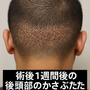 （写真イメージ：術後1週間では、後頭部全体に多数の「点状」のかさぶたが散らばっている状態）