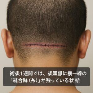 （写真イメージ：術後1週間では、後頭部に横一線の「縫合跡（糸）」が残っている状態）