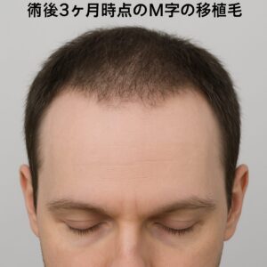 （写真イメージ：術後1ヶ月でパラパラと抜け始めたM字の移植毛が、術後3ヶ月時点ではそのほとんどが抜け落ち、手術前のM字ハゲの状態に逆戻りしたかのように見える。肌の赤みは完全に引いているが、毛が何もないため不安になる状態。）