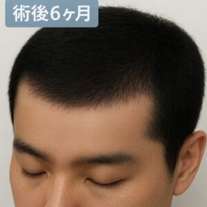 （写真イメージ：術後3ヶ月では毛が抜け落ちていたM字の生え際ラインに、黒々とした「産毛」がびっしりと生え揃い始めている状態。まだ毛は細く短いが、M字の角度が明らかに浅くなり、肌色の露出が減っている。）