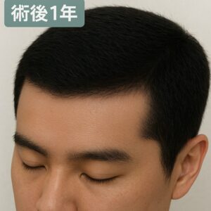 （写真イメージ：術後6ヶ月では細い産毛で埋まっていたM字ラインが、術後1年では太い毛髪で高密度に埋め尽くされ、既存の髪と完全に一体化している状態。毛流れも自然で、どこからが移植毛か見分けがつかない。）