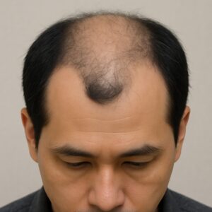 （写真イメージ：M字の生え際だけが“島”のように黒々と残り、そのすぐ後ろから頭頂部にかけてがスカスカに薄くなっていく、非常に不自然な状態。）