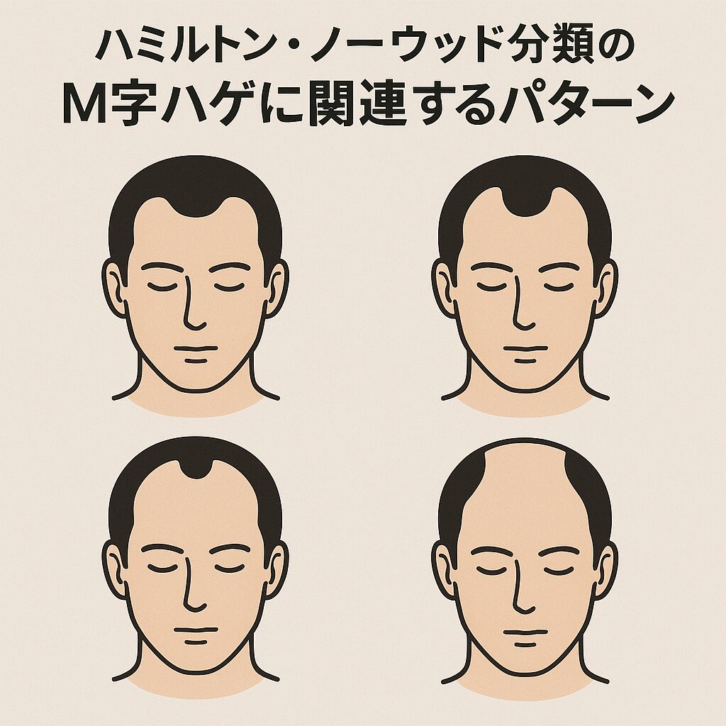 （※画像ハミルトン・ノーウッド分類のM字ハゲに関連するパターンを示すイラスト）