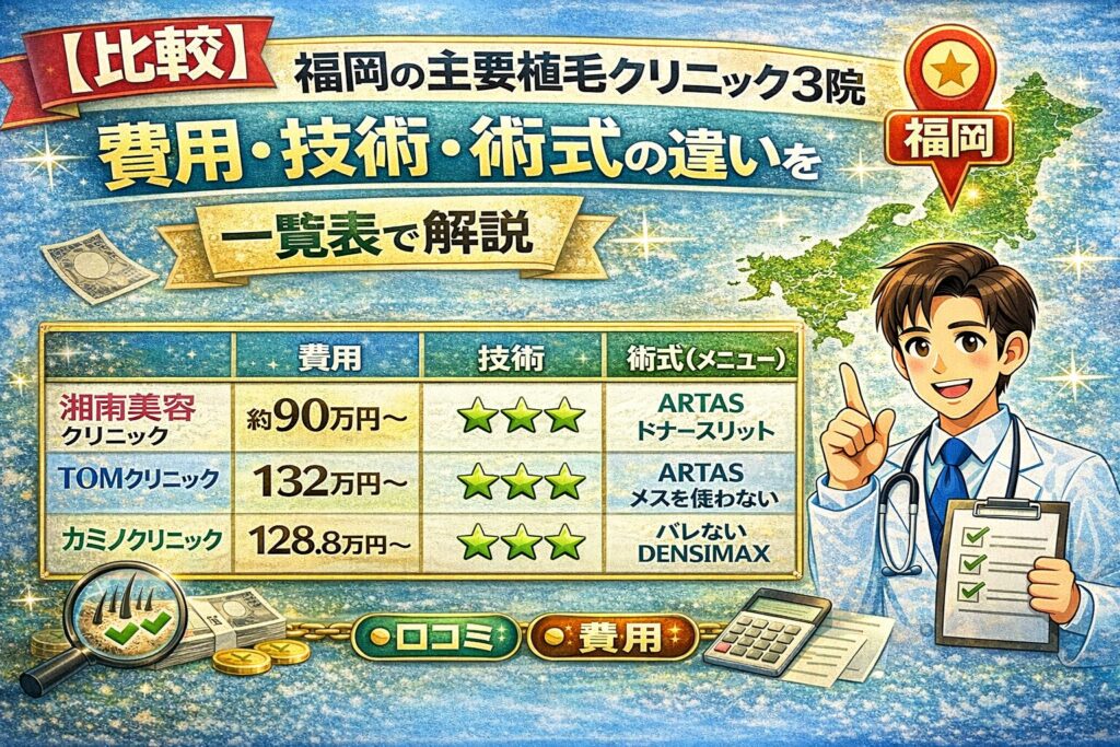 【比較】福岡の主要植毛クリニック3院｜費用・技術・術式の違いを一覧表で解説