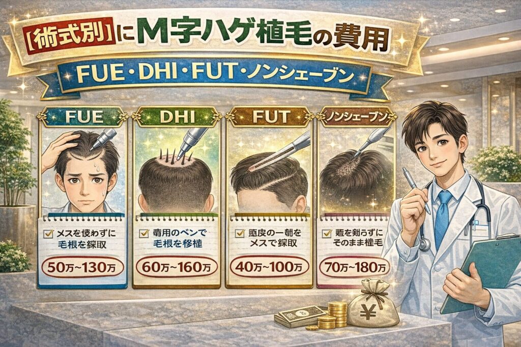 術式別に見るM字ハゲ植毛の費用｜FUE・DHI・FUT・ノンシェーブン