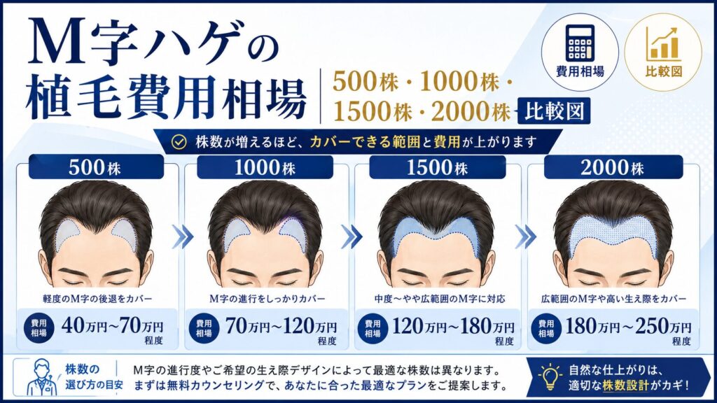 M字ハゲの植毛費用相場|500株・1000株・1500株・2000株比較図