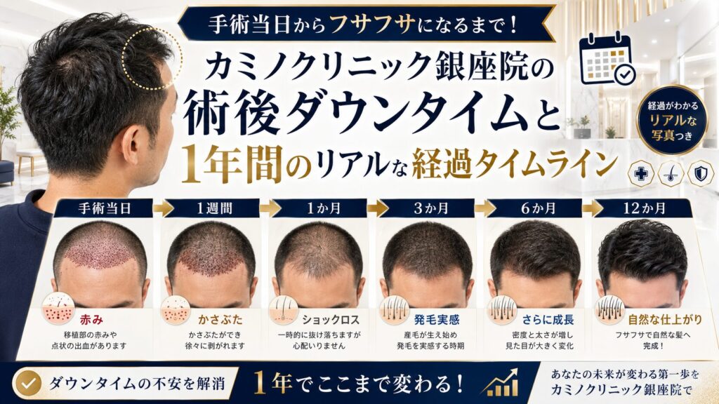 手術当日からフサフサになるまで!カミノクリニック銀座院の術後ダウンタイムと1年間のリアルな経過タイムライン