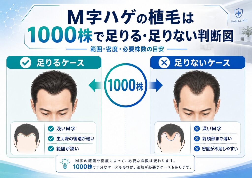 M字ハゲの植毛は1000株で足りる・足りない判断図