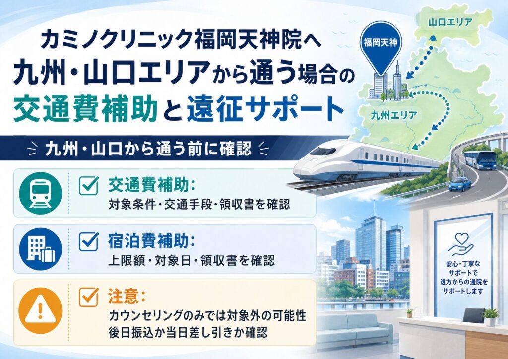 カミノクリニック福岡天神院へ九州・山口エリアから通う場合の交通費補助と宿泊費サポートの確認ポイントをまとめた図解