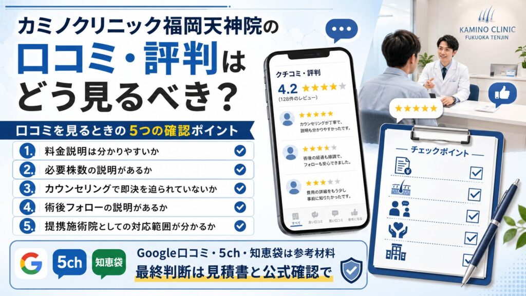 カミノクリニック福岡天神院の口コミを見るときに確認すべき料金説明・術後フォロー・提携施術院の対応範囲をまとめた図解