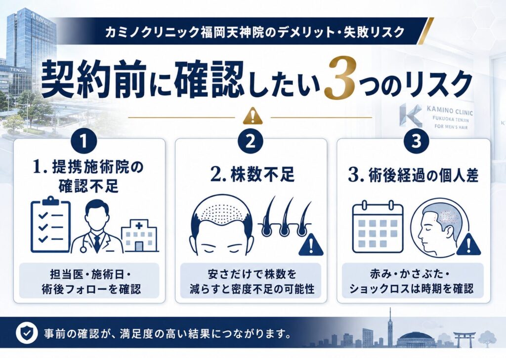 カミノクリニック福岡天神院で契約前に確認したい提携施術院・株数不足・術後経過のリスクをまとめた図解