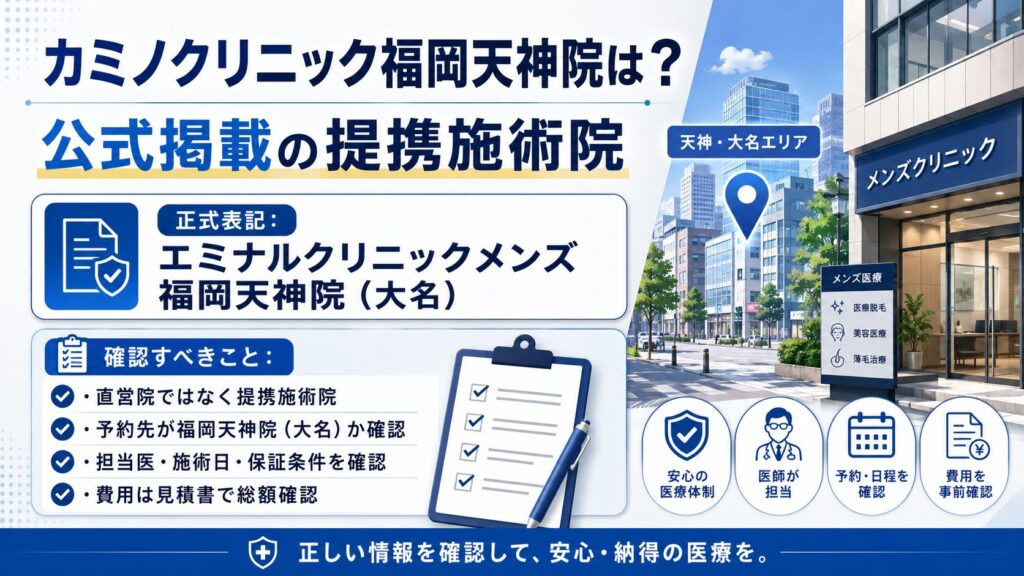 カミノクリニック福岡天神院が公式掲載の提携施術院であることを説明した図解