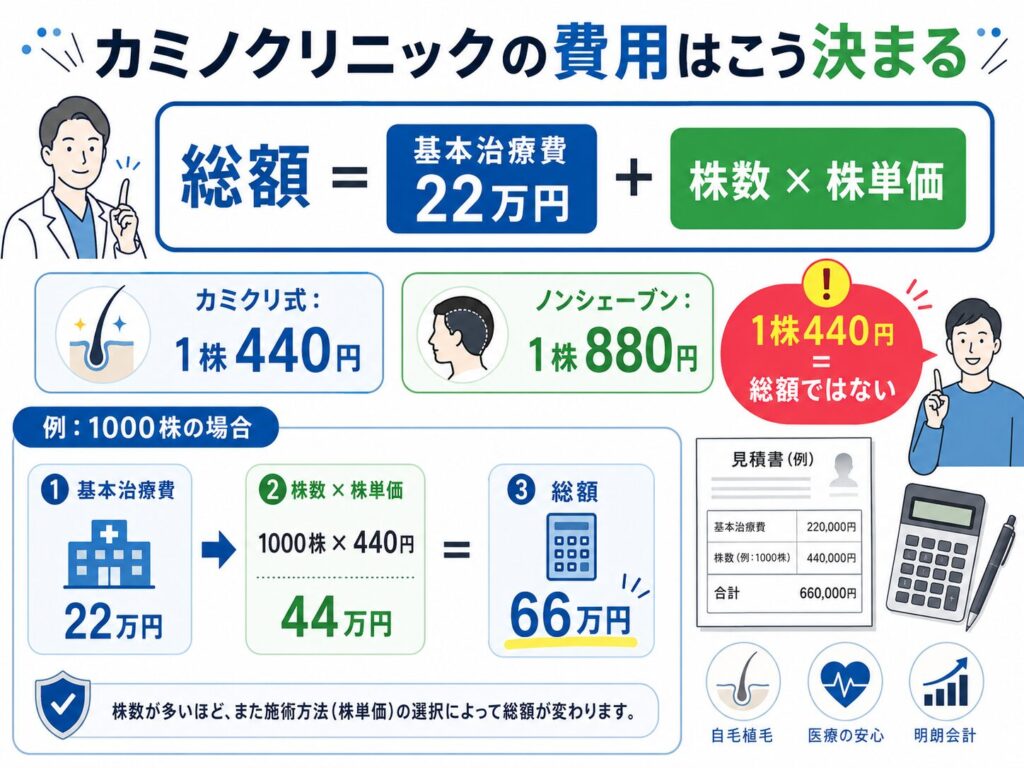 カミノクリニックの基本治療費と株単価から総額を計算する仕組みの図解