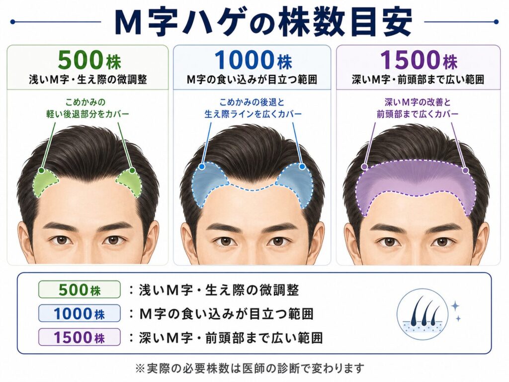 M字ハゲに必要な500株1000株1500株の範囲を比較した図解
