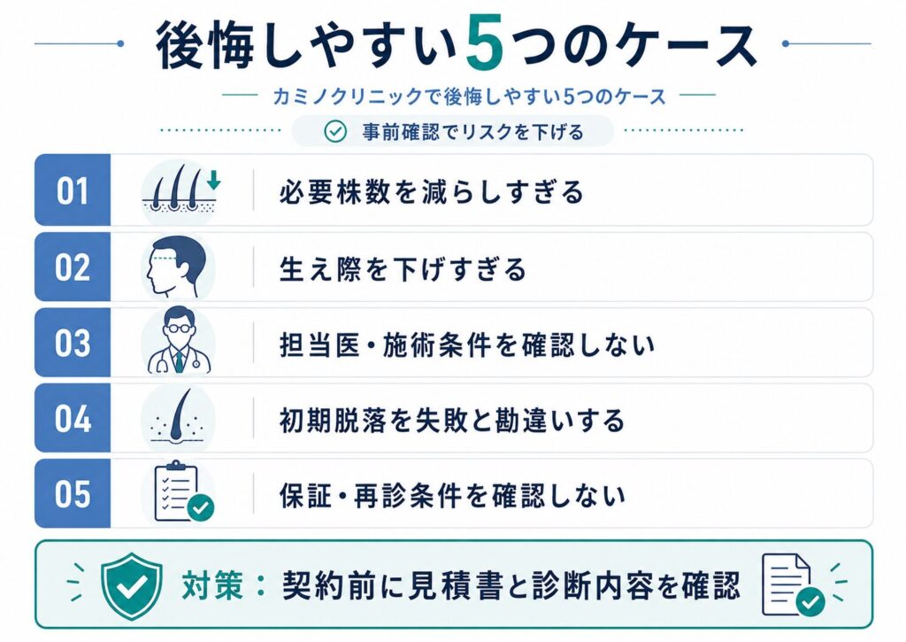 カミノクリニックで後悔しやすい5つのケースと予防策をまとめた図解