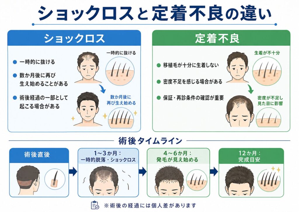 自毛植毛後のショックロスと定着不良の違いを術後経過で比較した図解
