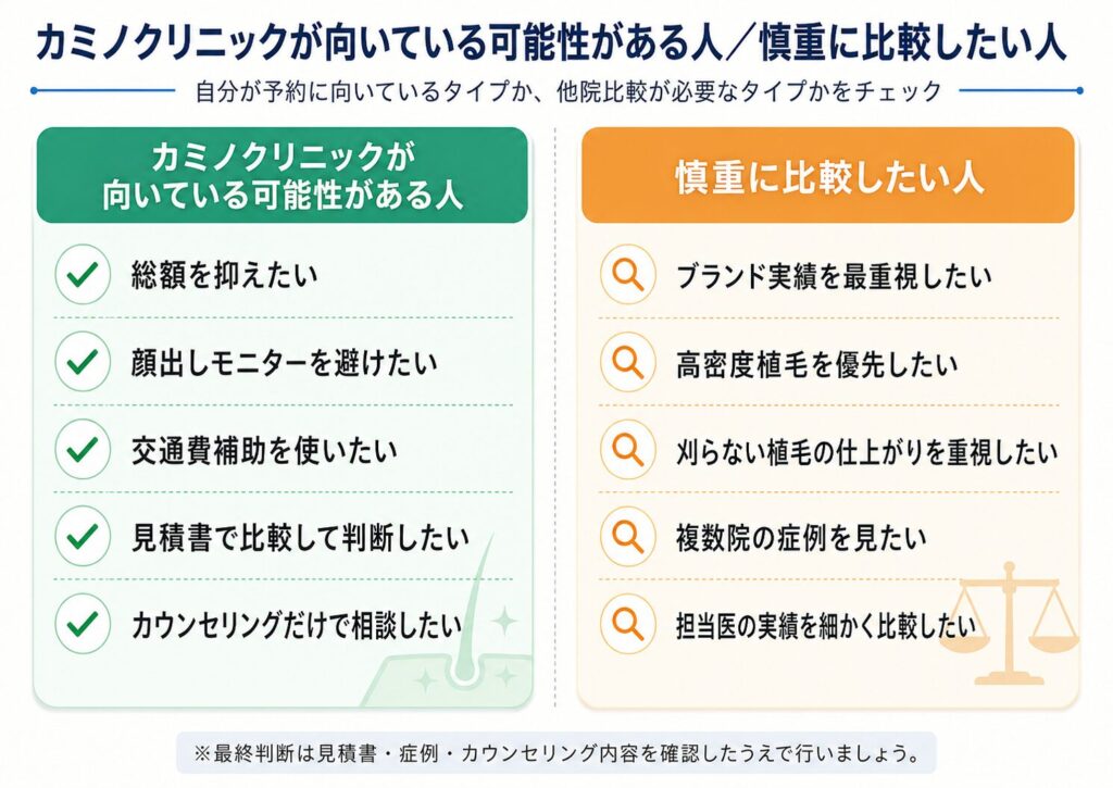 カミノクリニックが向いている人と他院も比較したい人を整理した判定表