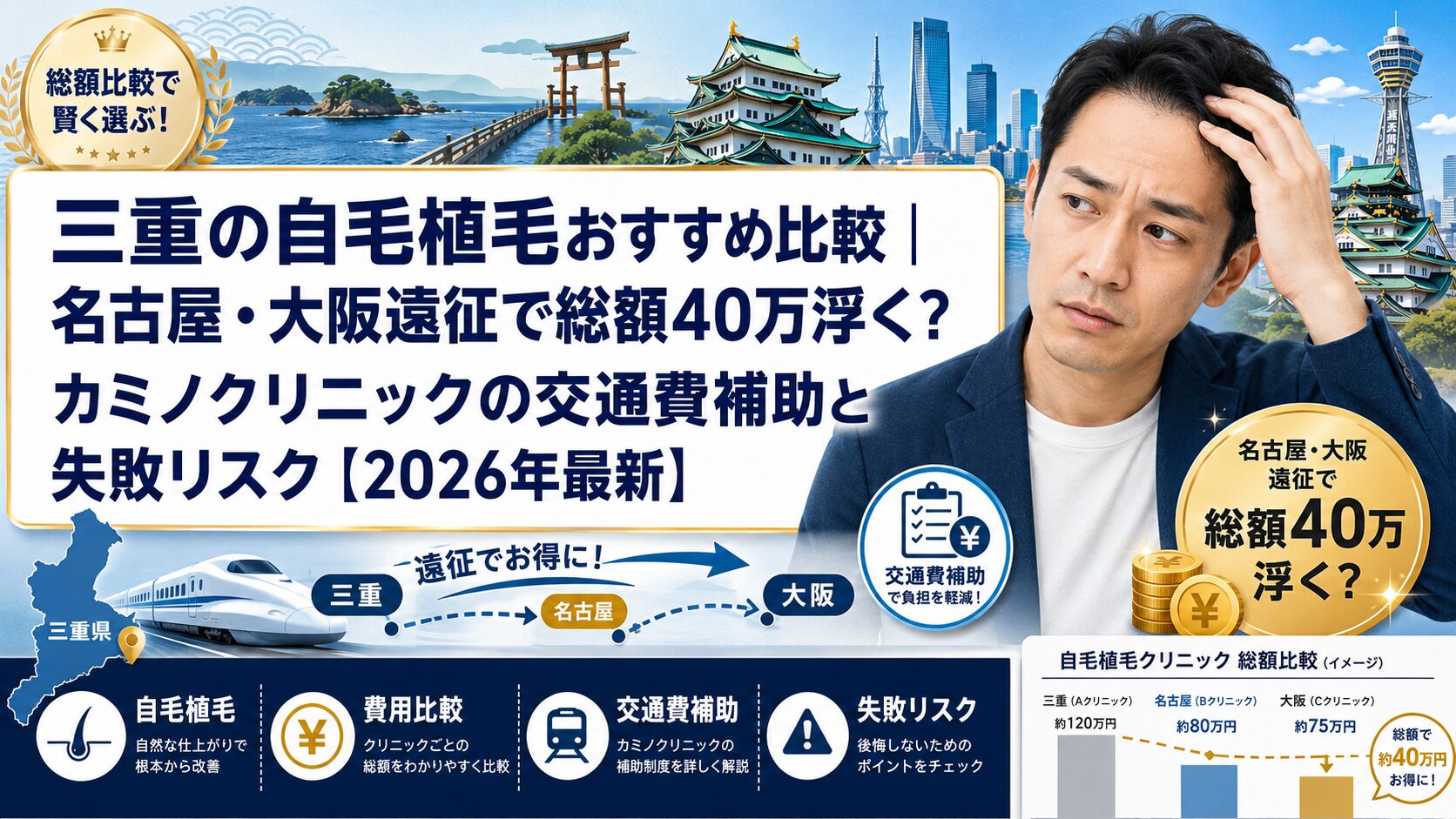 三重の自毛植毛おすすめ比較|名古屋・大阪遠征で総額40万浮く?カミノクリニックの交通費補助と失敗リスク【2026年最新】