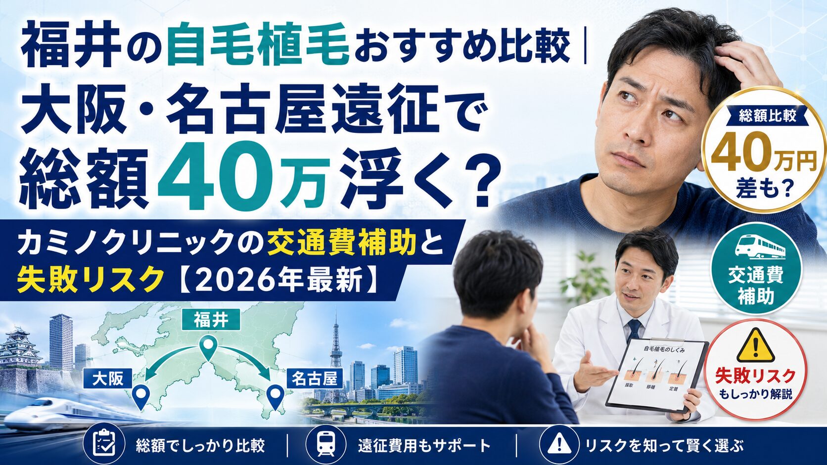 福井の自毛植毛おすすめ比較|大阪・名古屋遠征で総額40万浮く?カミノクリニックの交通費補助と失敗リスク【2026年最新】