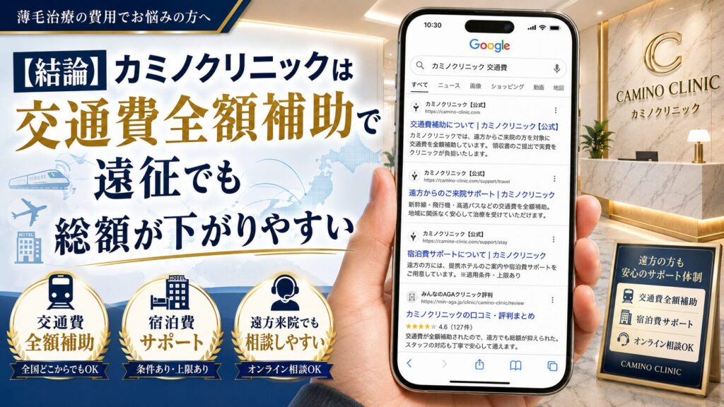 【結論】カミノクリニックは交通費全額補助で遠征でも総額が下がりやすい