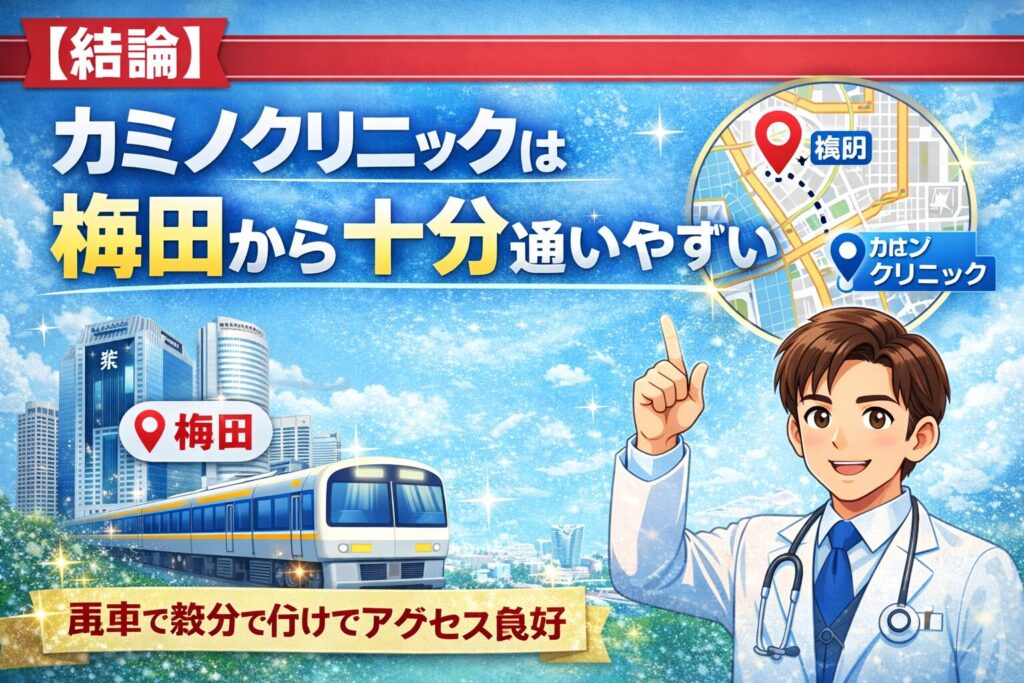 【結論】カミノクリニックは梅田から十分通いやすい