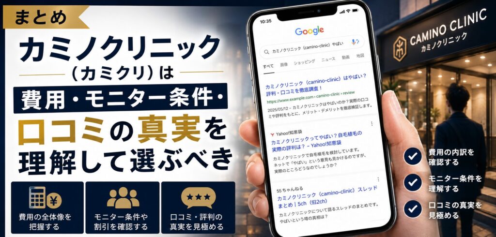 まとめ｜カミノクリニック（カミクリ）は費用・モニター条件・口コミの真実を理解して選ぶべき