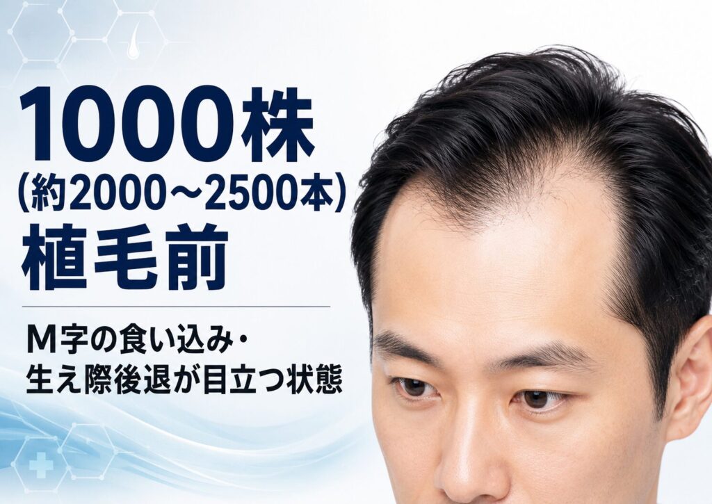 1000株(約2000〜2500本)植毛前|M字の食い込み・生え際後退が目立つ状態