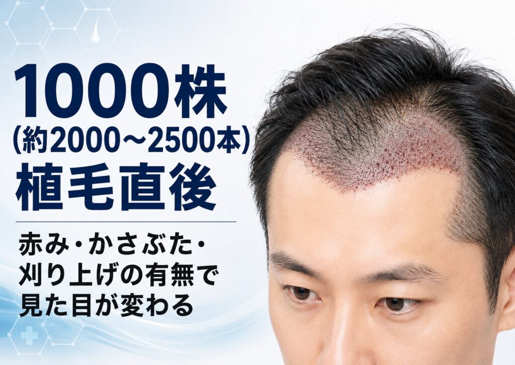 1000株(約2000〜2500本)植毛直後|赤み・かさぶた・刈り上げの有無で見た目が変わる