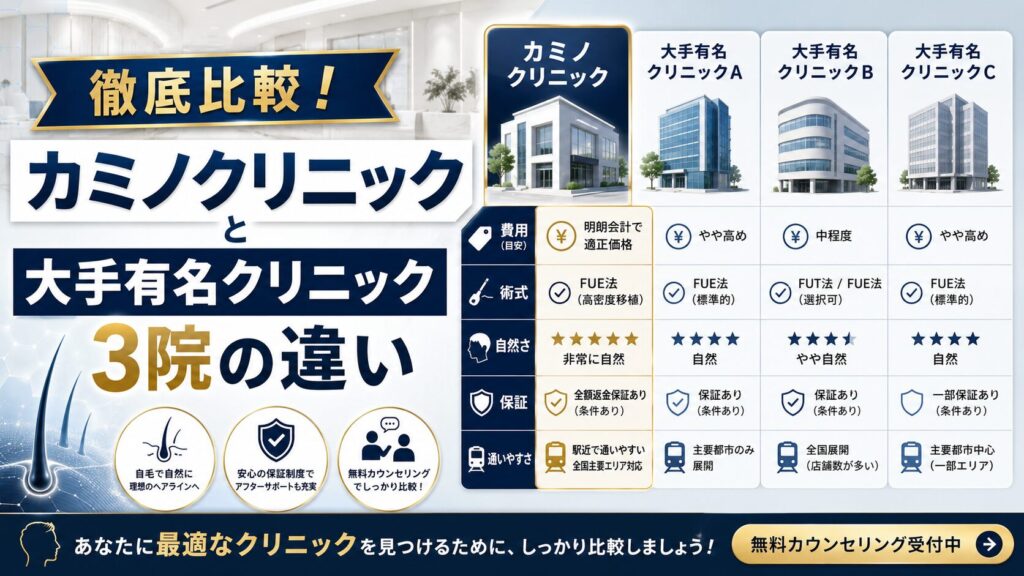 徹底比較！カミノクリニックと自毛植毛の大手有名クリニック3院の違い