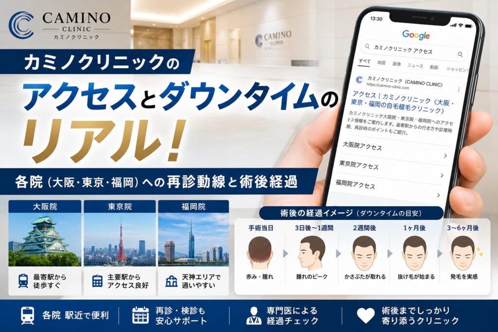 カミノクリニックのアクセスとダウンタイムのリアル！各院（大阪・東京・福岡）への再診動線と術後経過