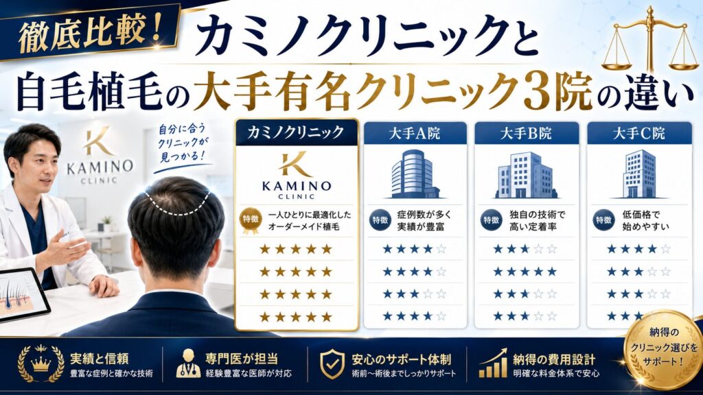 徹底比較!カミノクリニックと自毛植毛の大手有名クリニック3院の違い