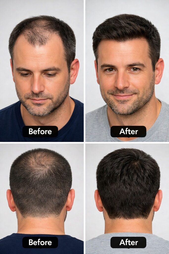 左側は薄くなったM字型の生え際、右側は剃毛せずに植毛手術を受けた後の生え際が豊かで自然に見える、後頭部に目立った傷跡のない男性の写真。