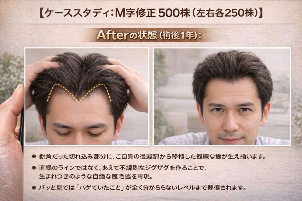 Afterの状態（術後1年）：  鋭角だった切れ込み部分に、ご自身の後頭部から移植した健康な髪が生え揃います。  直線のラインではなく、あえて不規則なジグザグを作ることで、生まれつきのような自然な産毛感を再現。  パッと見では「ハゲていたこと」が全く分からないレベルまで修復されます。