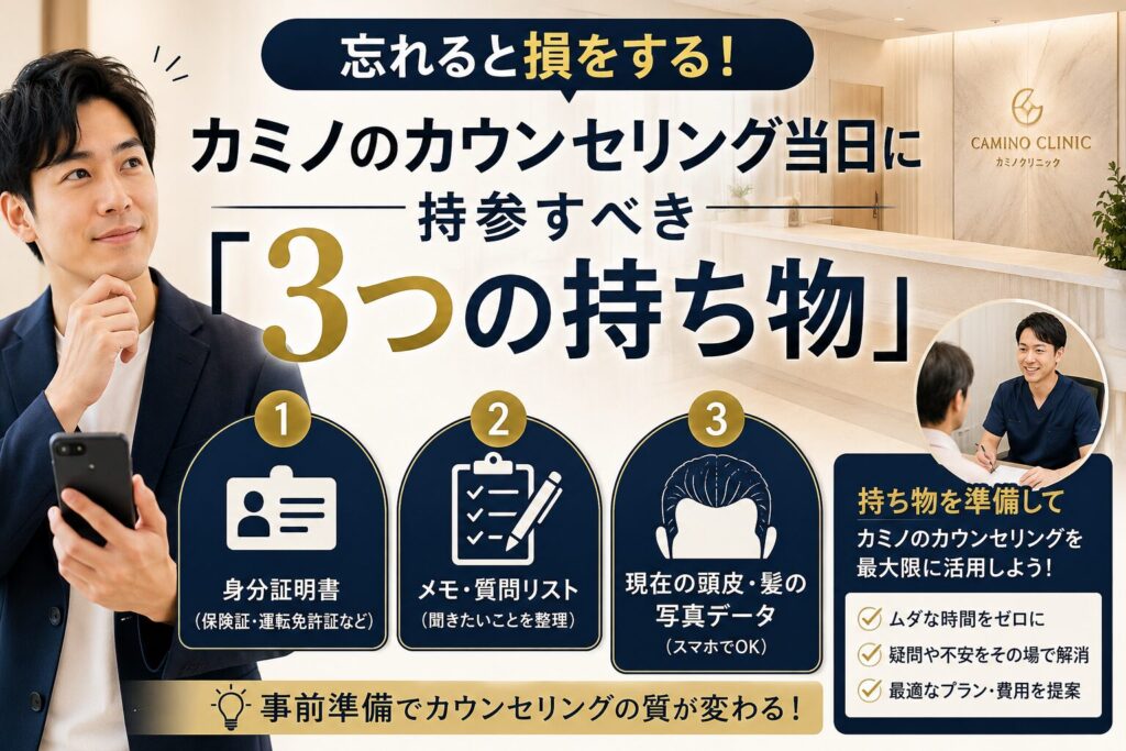 忘れると損をする!カミノのカウンセリング当日に持参すべき「3つの持ち物」