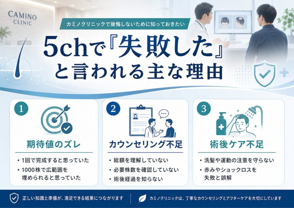 カミノクリニックの5chで失敗や後悔と言われる理由を期待値・カウンセリング・術後ケアに分けた図解
