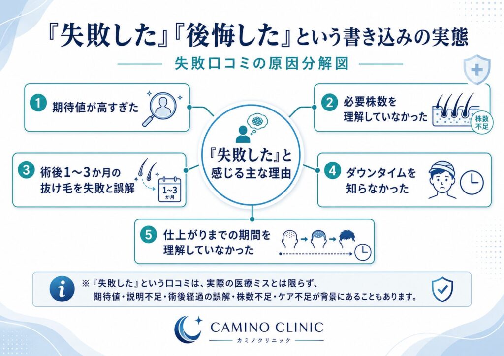 カミノクリニックの5chで失敗や後悔と書かれる理由を期待値や術後経過の誤解に分けて解説した図解