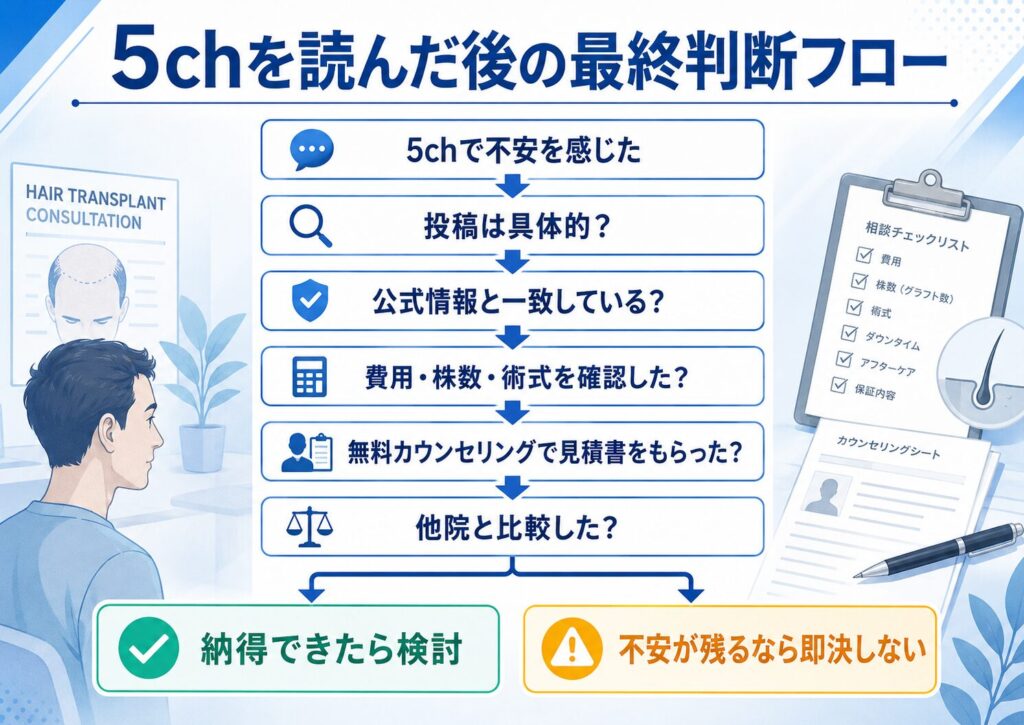 カミノクリニックの5ch情報を読んだ後に公式情報や見積書、他院比較で判断する流れを示した図解