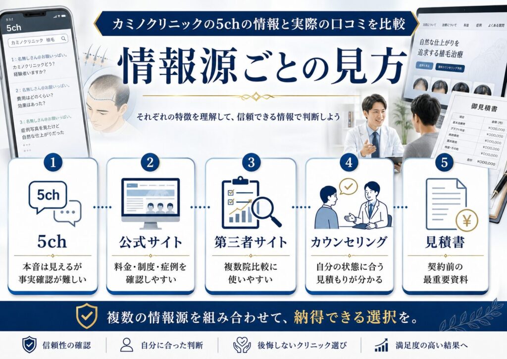 カミノクリニックの5ch情報と公式サイトや第三者サイト、カウンセリング情報を比較した図解