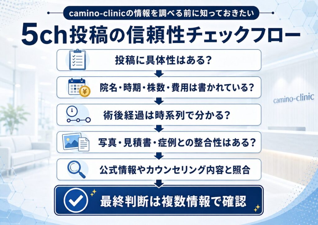 カミノクリニックの5ch投稿が信用できるかを院名・時期・費用・術後経過で確認するフローチャート